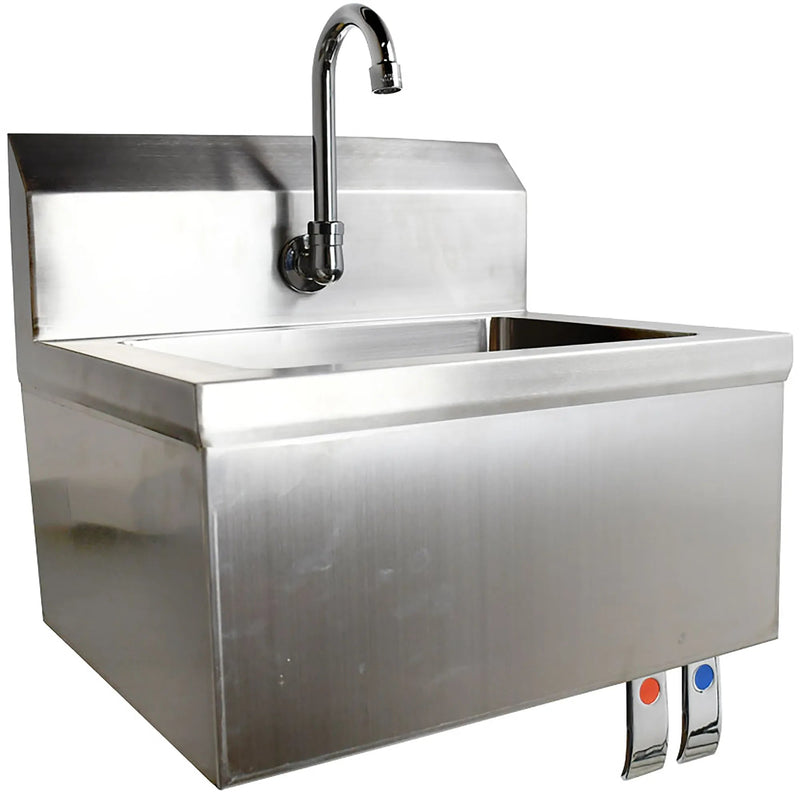 Omcan 46319 stainless steel knee-operated hand sink with gooseneck faucet and red and blue knee valve paddles