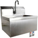 Omcan 46319 stainless steel knee-operated hand sink with gooseneck faucet and red and blue knee valve paddles