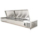 Omcan 46497 refrigerated 78-inch topping rail in stainless steel with two hinged covers open, angled view