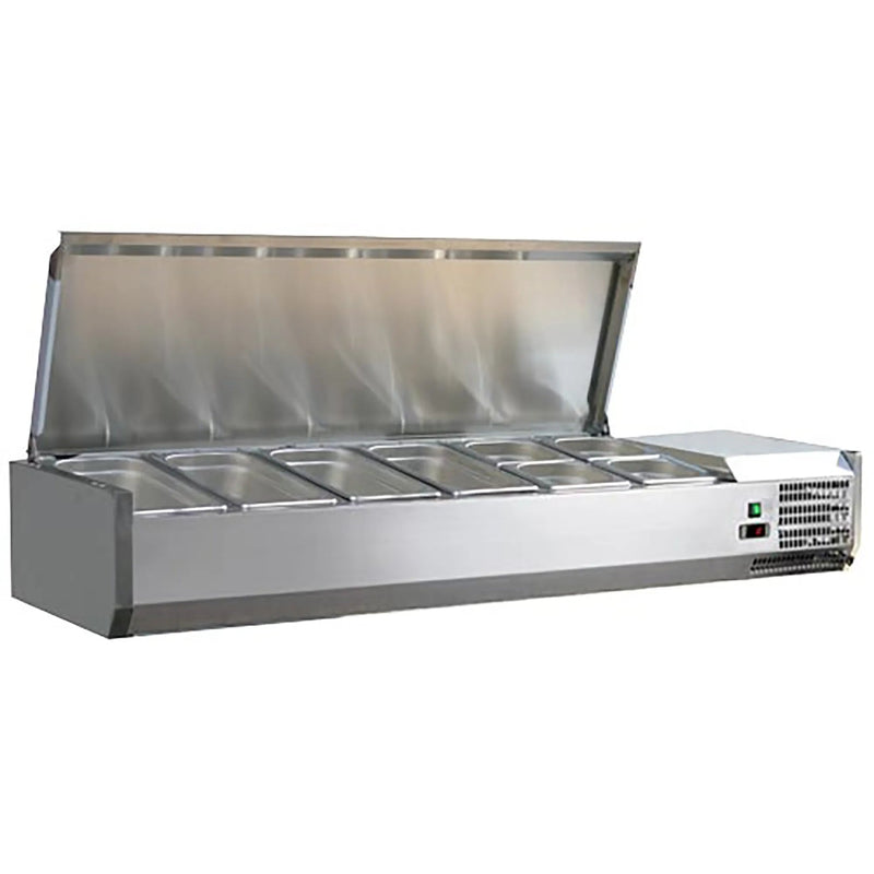 Omcan 46657 refrigerated 58-inch topping rail in stainless steel with hinged cover open over the pan wells