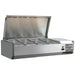 Omcan 46658 refrigerated 46-inch topping rail with stainless steel cover raised showing the pan wells, angled view