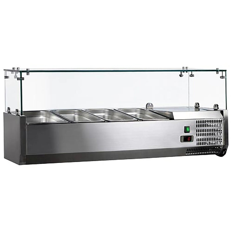 Omcan 46679 refrigerated 47-inch topping rail with glass sneeze guard and stainless steel pans, angled view
