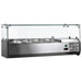 Omcan 46679 refrigerated 47-inch topping rail with glass sneeze guard and stainless steel pans, angled view