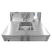 Omcan 46788 portable hand sink, close-up of the stainless steel basin, faucet, soap and towel dispensers