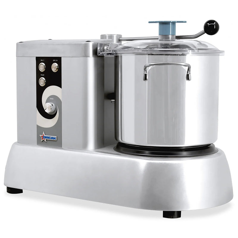 Omcan 47083 9 qt bowl cutter processor with stainless steel bowl and lid on an aluminum base, front view