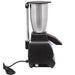 Omcan 47084 ice crusher, side view showing the stainless steel container, lever arm and power cord