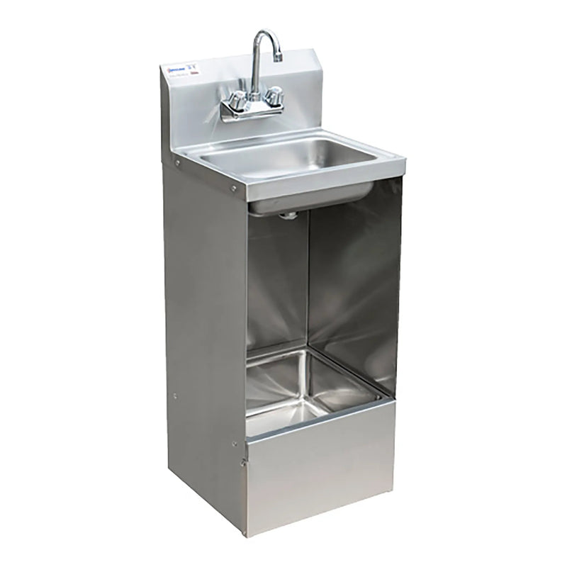Omcan 47246 stainless steel combination wall mounted hand sink with mop sink below, angled view with faucet