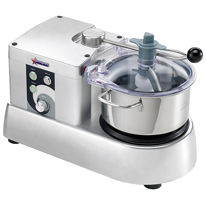 Omcan 47261 4 qt bowl cutter processor with stainless steel bowl, clear lid and grey control panel, angled view