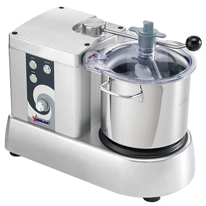 Omcan 47269 6 qt bowl cutter processor with stainless steel bowl, clear lid and lid clamp, angled left view