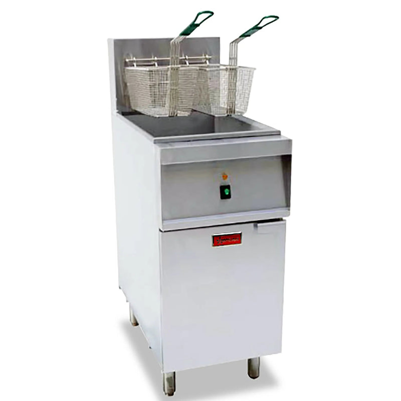 Omcan 47331 electric 208V 40 lb floor deep fryer in stainless steel with two fry baskets and cabinet door