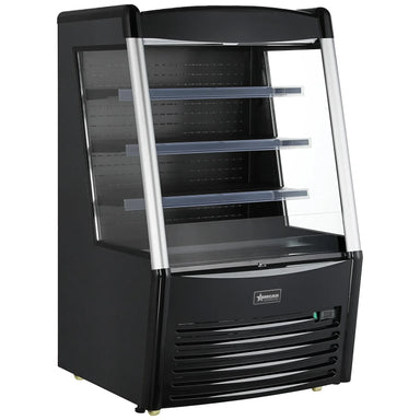 Omcan 47514 black 36-inch grab-and-go open air refrigerated merchandiser with glass sides, 3 shelves and LED lighting, angled view