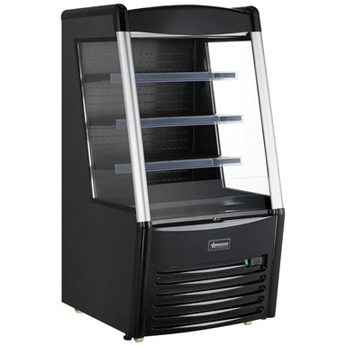 Omcan 47515 black 28-inch grab-and-go open air refrigerated merchandiser with glass sides, 3 shelves and LED lighting, angled view