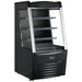 Omcan 47515 black 28-inch grab-and-go open air refrigerated merchandiser with glass sides, 3 shelves and LED lighting, angled view