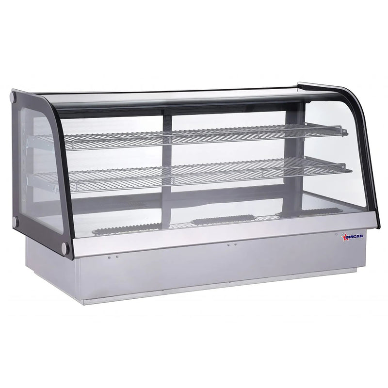 Omcan 47561 countertop 48-inch drop-in refrigerated pastry display case with curved glass, black trim and wire shelves