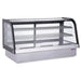 Omcan 47562 countertop 63-inch drop-in refrigerated pastry display case with curved front glass and two wire shelves
