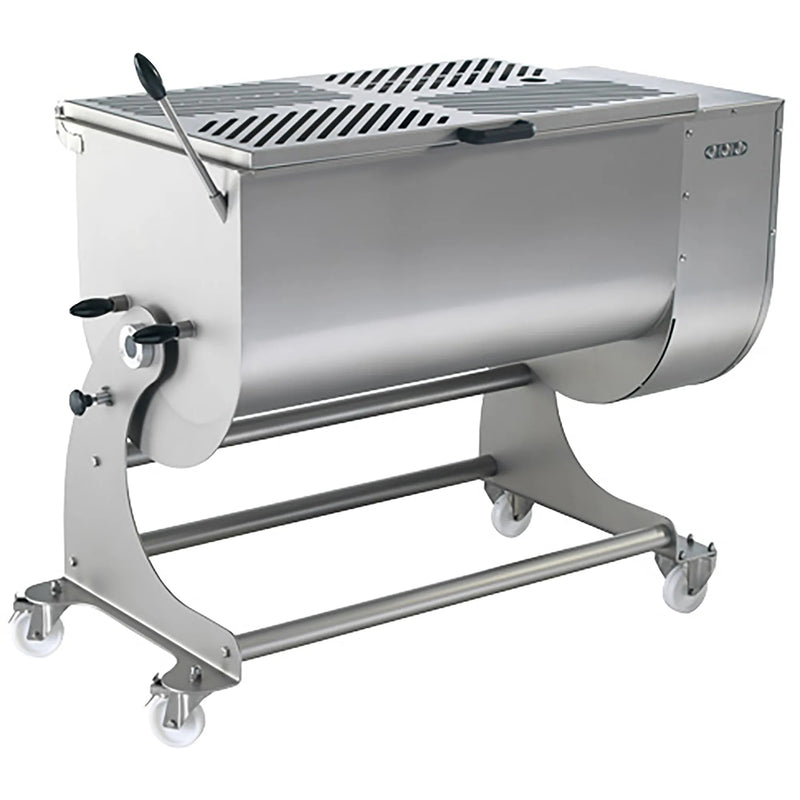 Omcan 48058 heavy duty electric meat mixer, 396 lb capacity, 220V, wide stainless steel tub with grate on casters