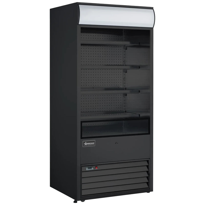 Omcan 48265 black 36-inch grab-and-go open air refrigerated merchandiser with glass sides, 4 shelves and lit canopy, angled view