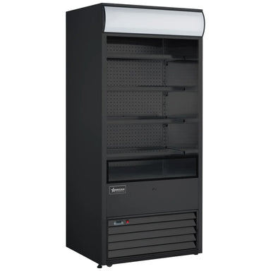 Omcan 48265 black 36-inch grab-and-go open air refrigerated merchandiser with glass sides, 4 shelves and lit canopy, angled view