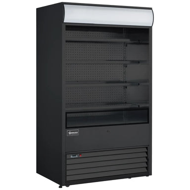 Omcan 48266 black 48-inch grab-and-go open air refrigerated merchandiser with glass sides, 4 shelves and lit canopy, angled view