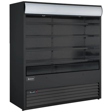 Omcan 48269 black 72-inch grab-and-go open air refrigerated merchandiser with glass sides, 4 shelves and lit canopy, angled view