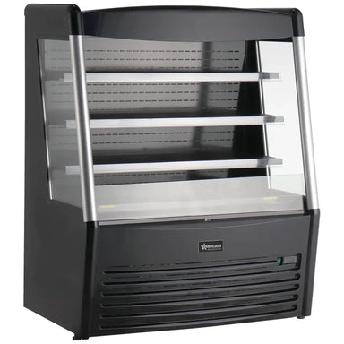 Omcan 48272 black 48-inch grab-and-go open air refrigerated merchandiser with glass sides, 3 shelves and LED lighting, angled view