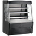 Omcan 48272 black 48-inch grab-and-go open air refrigerated merchandiser with glass sides, 3 shelves and LED lighting, angled view