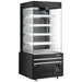Omcan 48377 black 36-inch grab-and-go open air refrigerated merchandiser with glass sides, four shelves and lit canopy, angled view