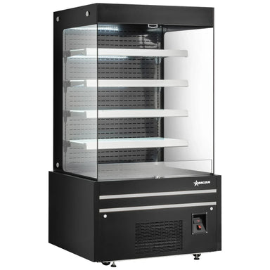 Omcan 48378 black 48-inch grab-and-go open air refrigerated merchandiser with glass sides, four shelves and lit canopy, angled view