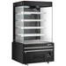 Omcan 48378 black 48-inch grab-and-go open air refrigerated merchandiser with glass sides, four shelves and lit canopy, angled view