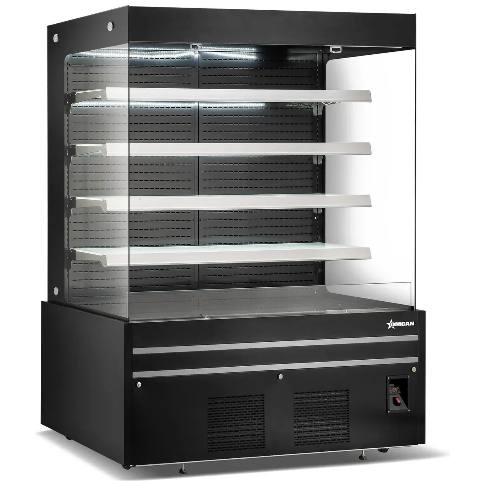 Omcan 48379 black 60-inch grab-and-go open air refrigerated merchandiser, empty with glass sides, four shelves and lit canopy, angled view