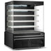 Omcan 48379 black 60-inch grab-and-go open air refrigerated merchandiser, empty with glass sides, four shelves and lit canopy, angled view