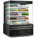 Omcan 48379 black 60-inch grab-and-go open air refrigerated merchandiser stocked with bottled drinks on four lit shelves, angled view