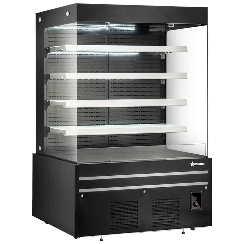 Omcan 48380 black 72-inch 220V grab-and-go open air refrigerated merchandiser with glass sides, four shelves and lit canopy, angled view