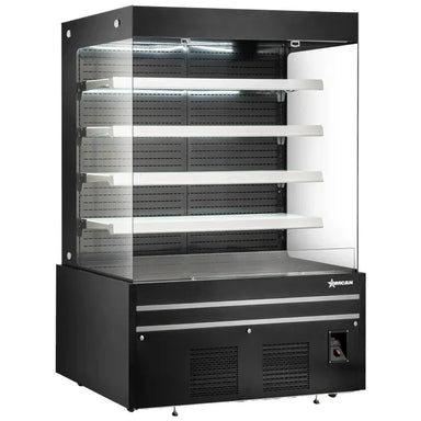Omcan 48380 black 72-inch 220V grab-and-go open air refrigerated merchandiser with glass sides, four shelves and lit canopy, angled view