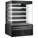 Omcan 48380 black 72-inch 220V grab-and-go open air refrigerated merchandiser with glass sides, four shelves and lit canopy, angled view