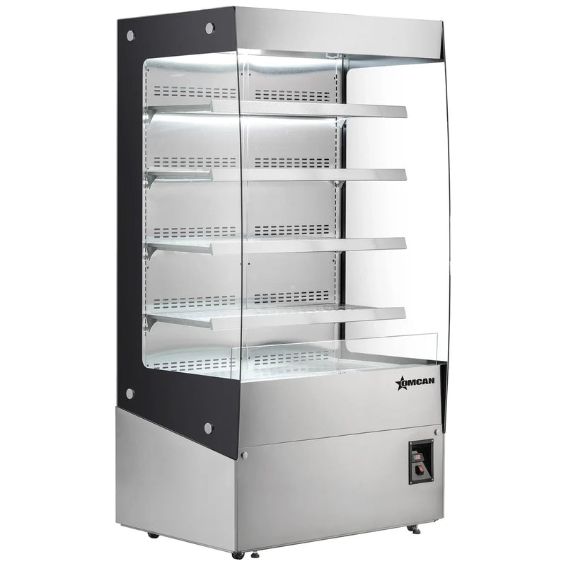 Omcan 48386 46-inch stainless steel open front self-serve display warmer with 4 shelves and glass sides, angled view