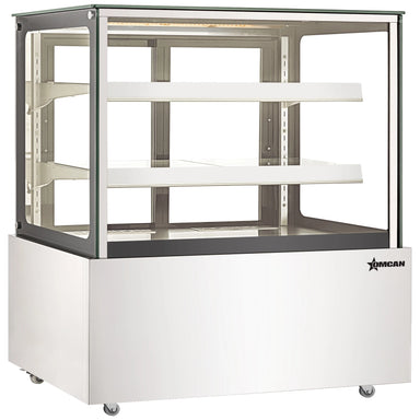 Omcan 48388 48-inch square glass floor display warmer with 2 shelves and stainless steel base, angled view