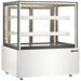 Omcan 48388 48-inch square glass floor display warmer with 2 shelves and stainless steel base, angled view