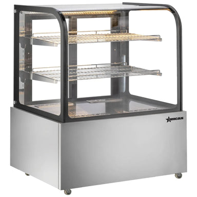 Omcan 48389 49-inch curved glass floor display warmer with 2 shelves and stainless steel base, angled view