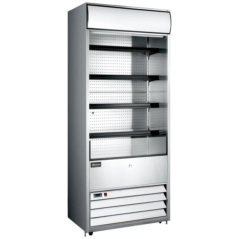 Omcan 48479 stainless steel 30-inch grab-and-go open air refrigerated merchandiser with 4 shelves and lit canopy, angled view
