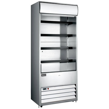 Omcan 48479 stainless steel 30-inch grab-and-go open air refrigerated merchandiser with 4 shelves and lit canopy, angled view