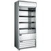 Omcan 48479 stainless steel 30-inch grab-and-go open air refrigerated merchandiser with 4 shelves and lit canopy, angled view