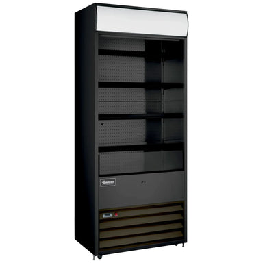 Omcan 48480 black 30-inch grab-and-go open air refrigerated merchandiser with 4 shelves and lit canopy, angled view