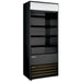 Omcan 48480 black 30-inch grab-and-go open air refrigerated merchandiser with 4 shelves and lit canopy, angled view