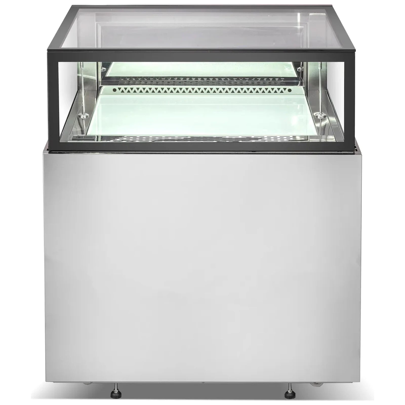 Omcan 48561 36-inch stainless steel flat top refrigerated showcase with LED lighting, empty, angled view