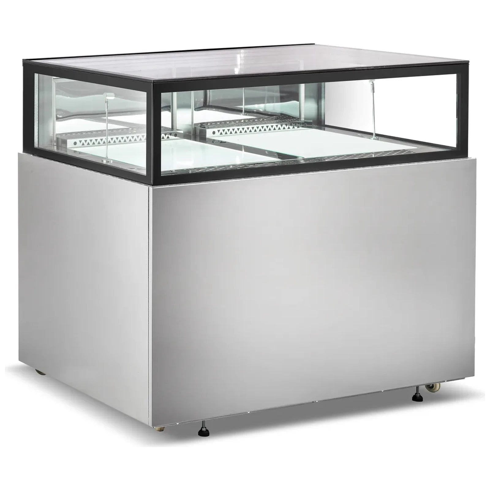 Omcan 48562 48-inch stainless steel flat top refrigerated showcase with LED lighting, empty, angled view
