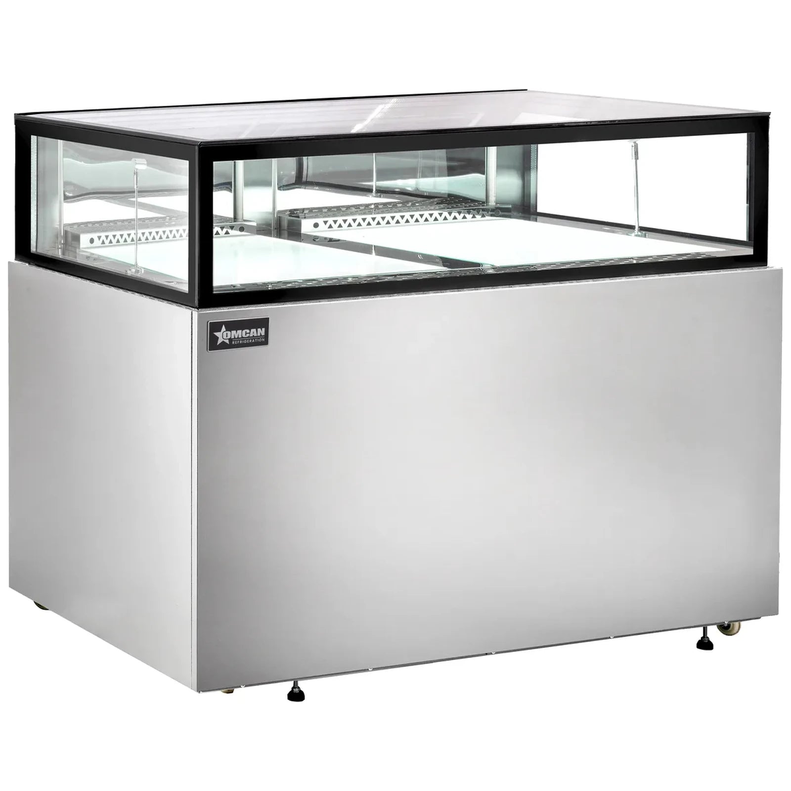 Omcan 48563 60-inch stainless steel flat top refrigerated showcase with LED lighting, empty, angled view