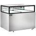 Omcan 48563 60-inch stainless steel flat top refrigerated showcase with LED lighting, empty, angled view