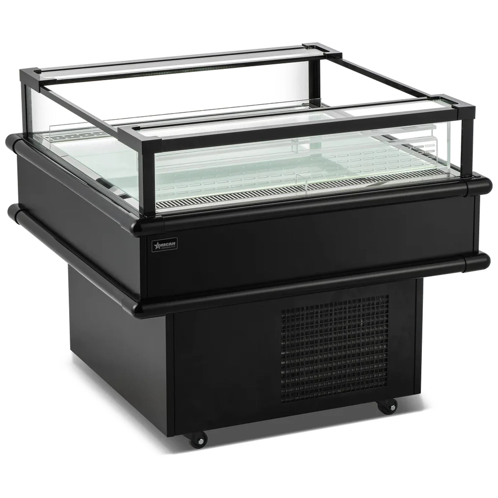 Omcan 48570 37 1/2-inch black open top island refrigerated display case with glass sides, empty, angled view