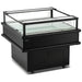 Omcan 48570 37 1/2-inch black open top island refrigerated display case with glass sides, empty, angled view